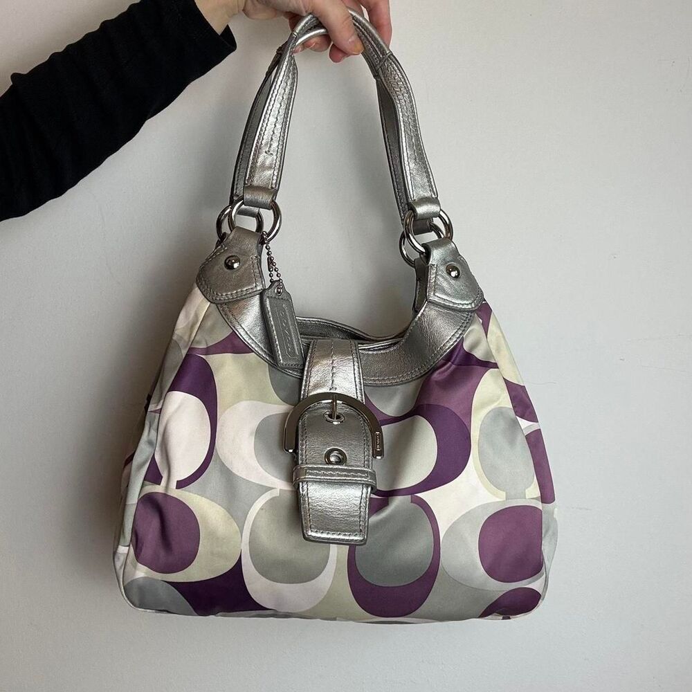 Coach Vintage Y2K Silver and Purple Optic Soho Lynn Canvas and Leather Hobo Bag